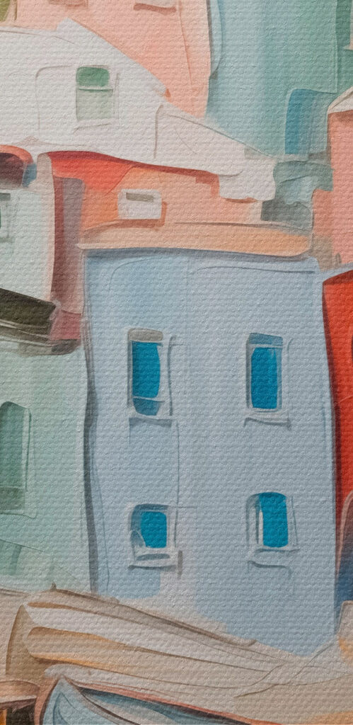 Painting of a city with boats on the water Painting of a city with boats on the water