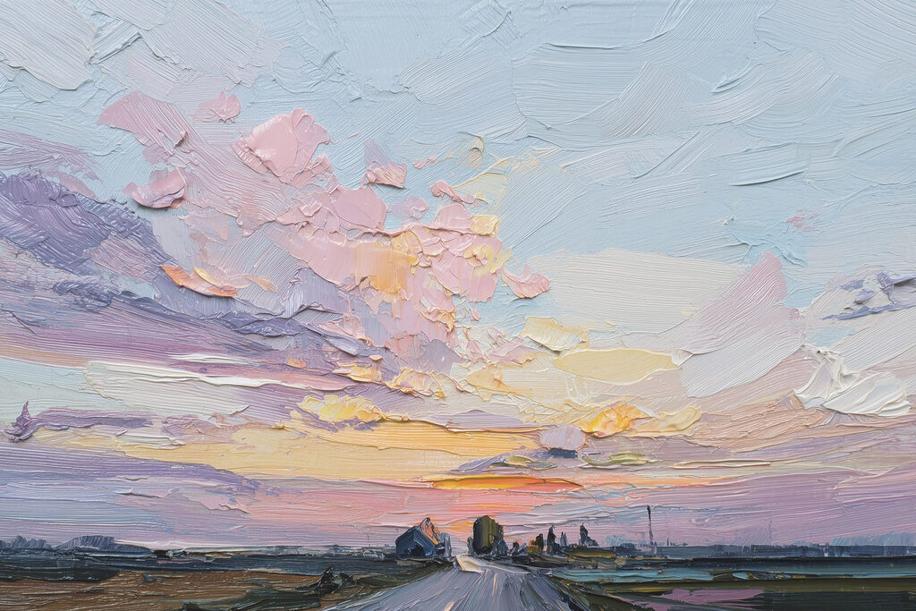 Painting of a road and buildings Painting of a road and buildings