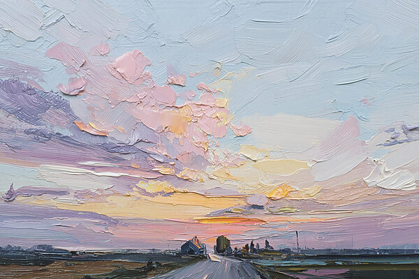 Painting of a road and buildings Painting of a road and buildings