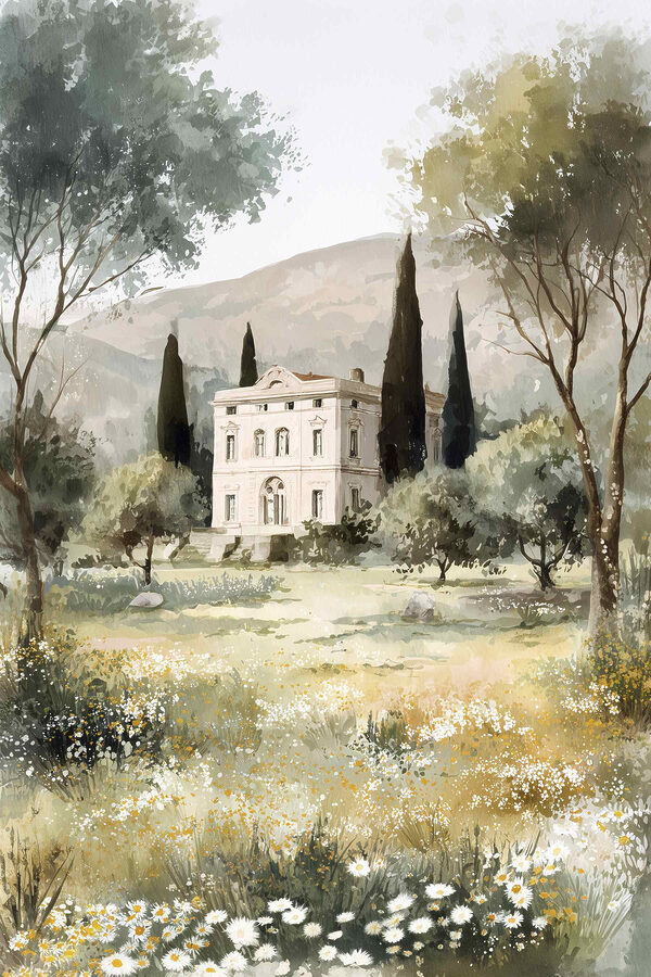 Painting of a house in a field of trees