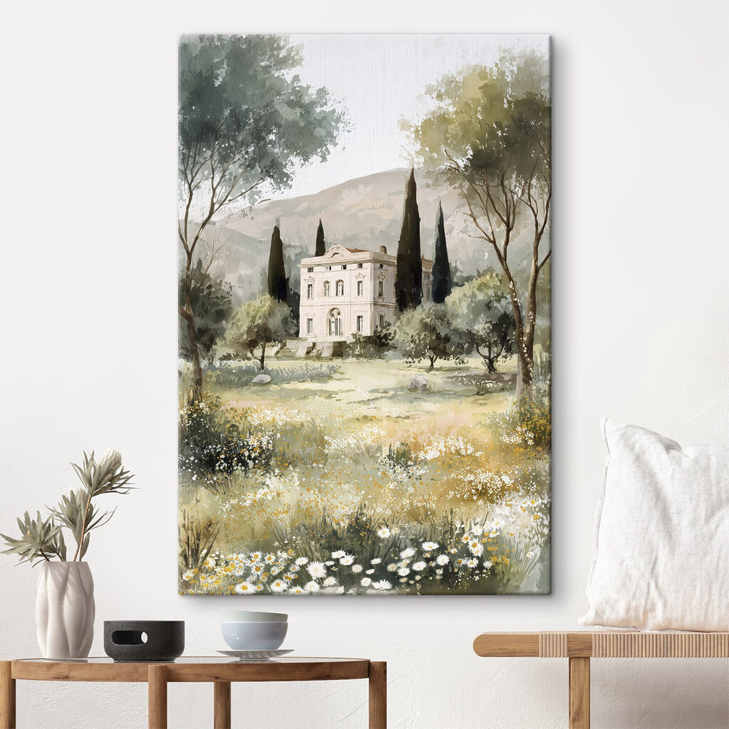 Painting of a house in a field of trees