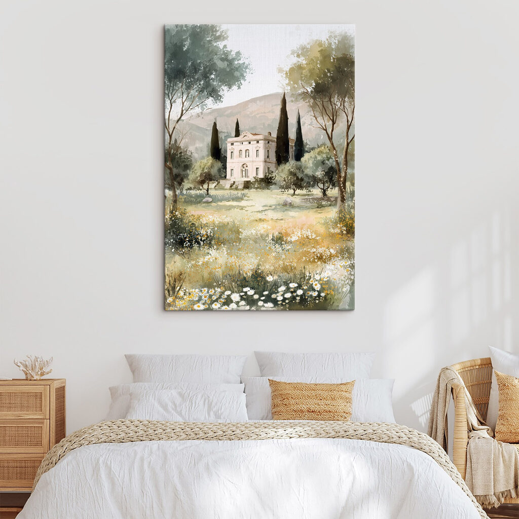 Painting of a house in a field of trees