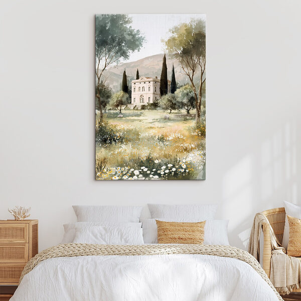 Painting of a house in a field of trees