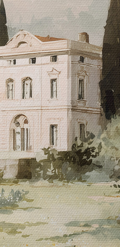 Painting of a house in a field of trees