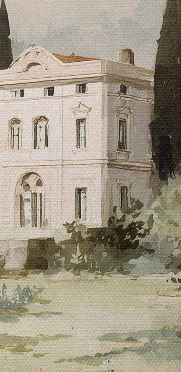 Painting of a house in a field of trees