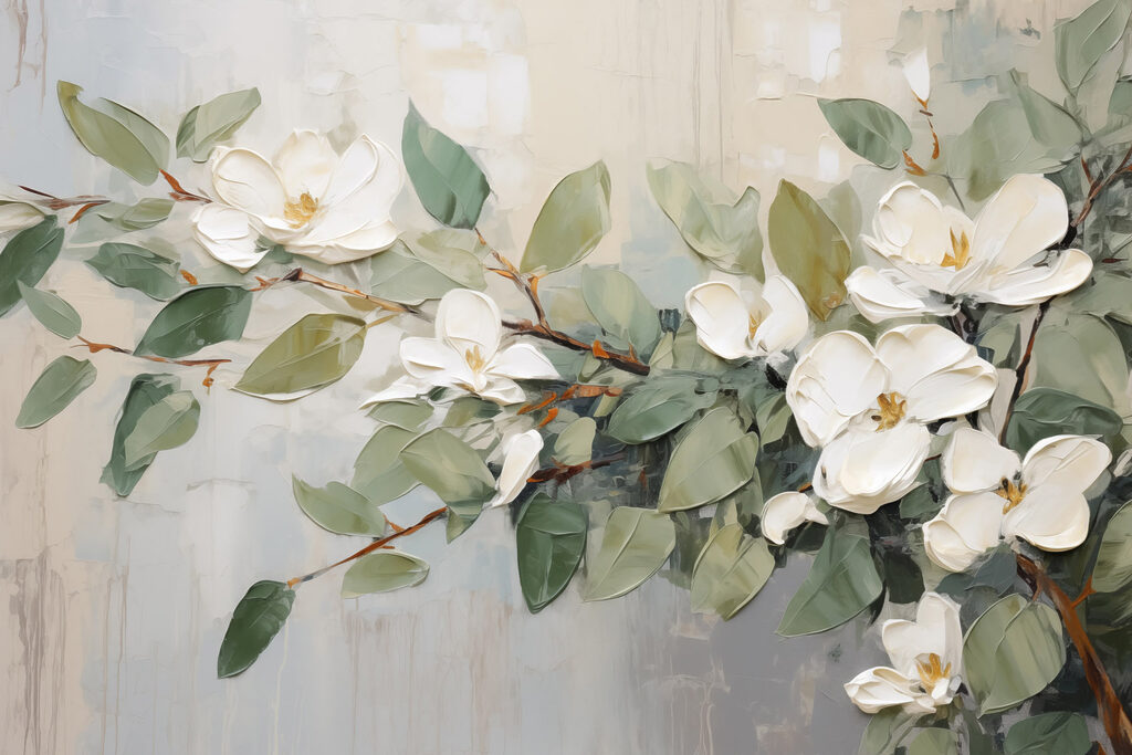 Painting of white flowers and green leaves Painting of white flowers and green leaves