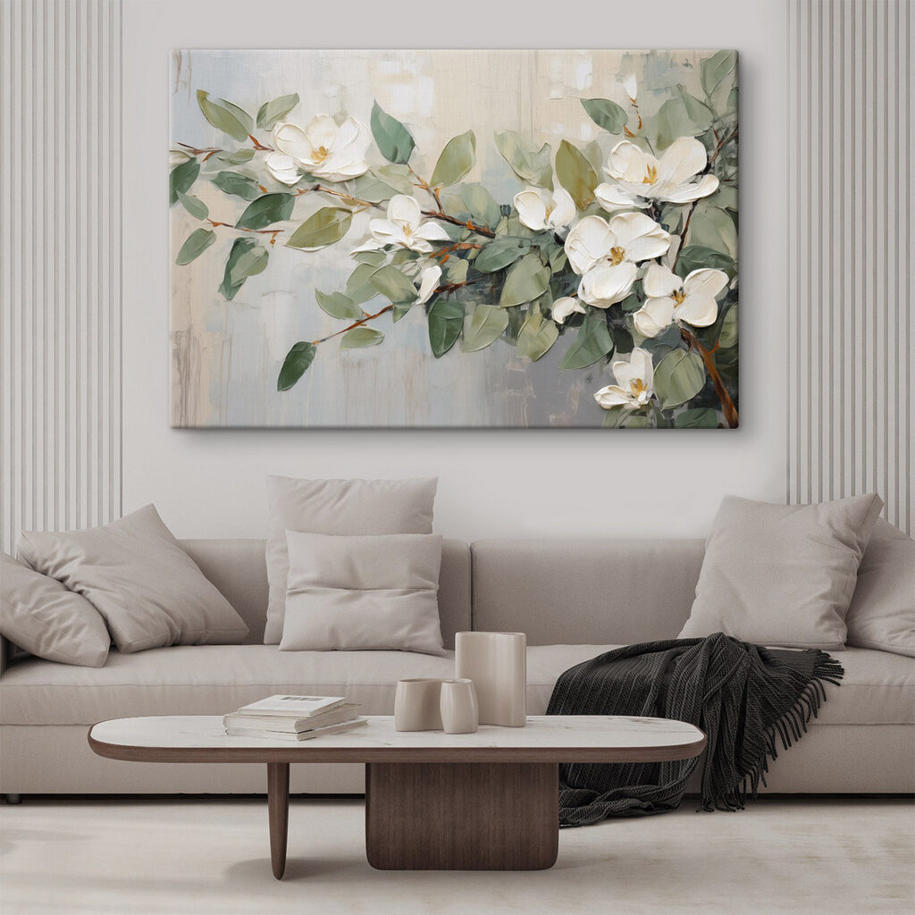 Painting of white flowers and green leaves Painting of white flowers and green leaves