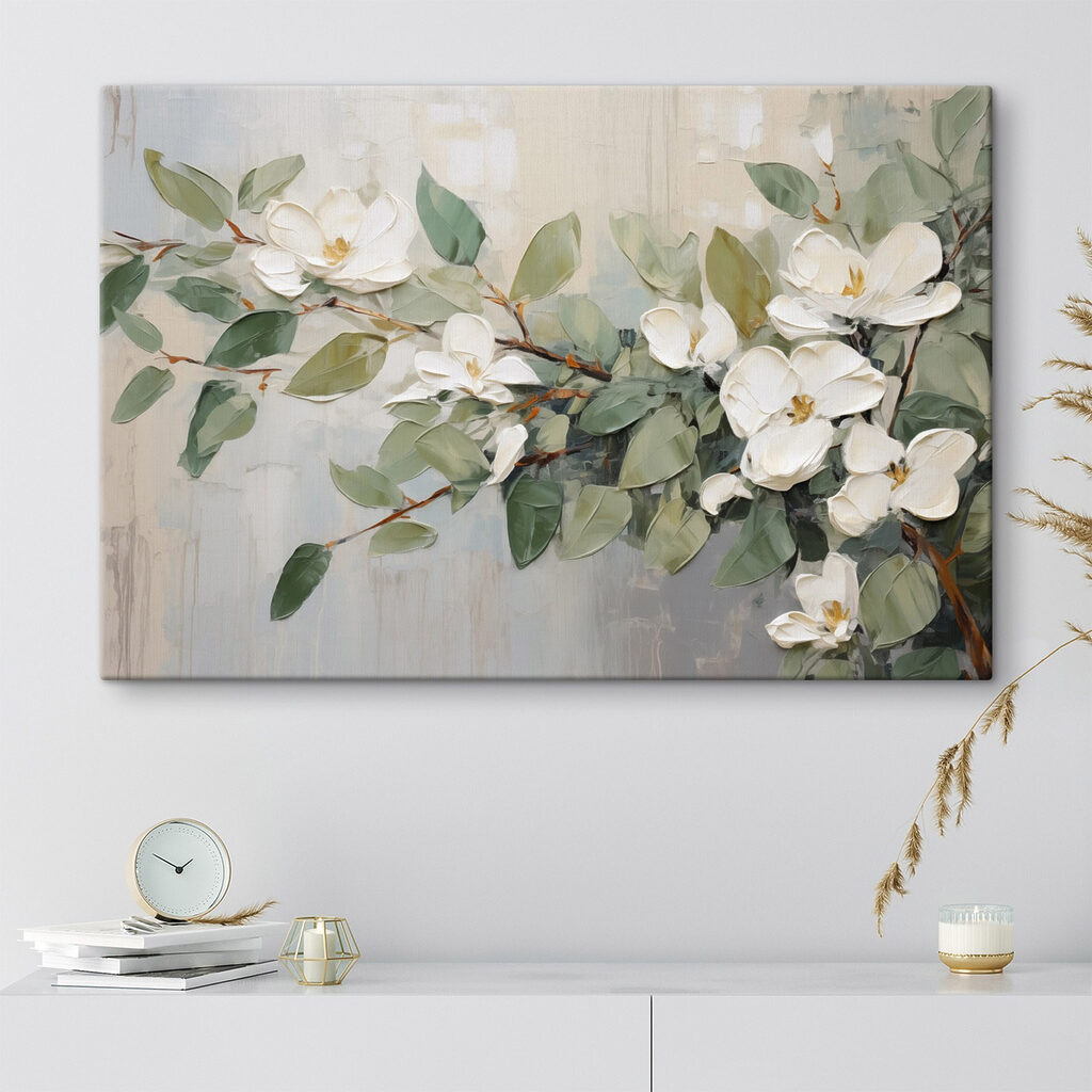 Painting of white flowers and green leaves Painting of white flowers and green leaves