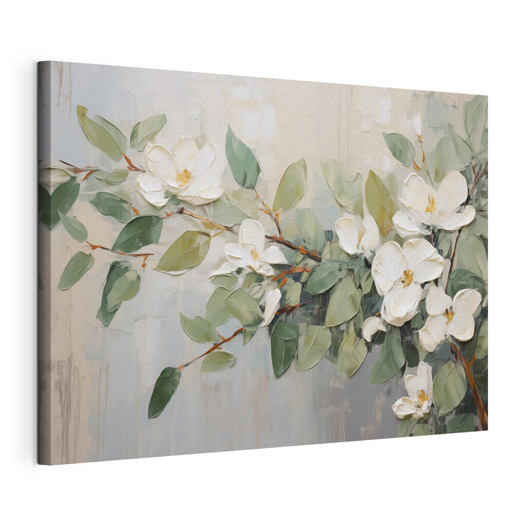 Painting of white flowers and green leaves Painting of white flowers and green leaves