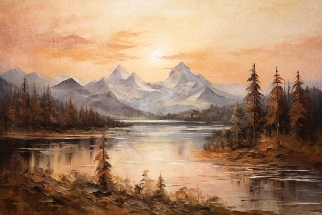 Painting of a lake with mountains in the background
