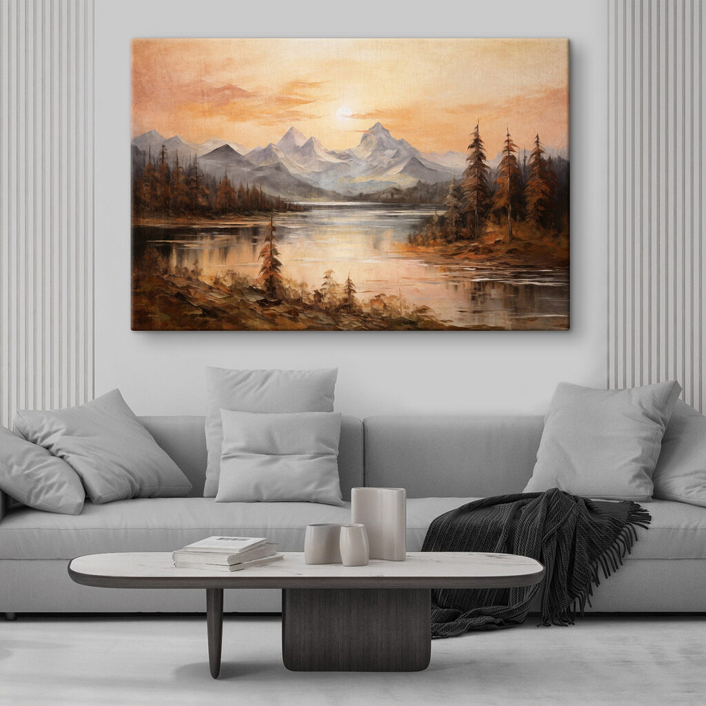Painting of a lake with mountains in the background