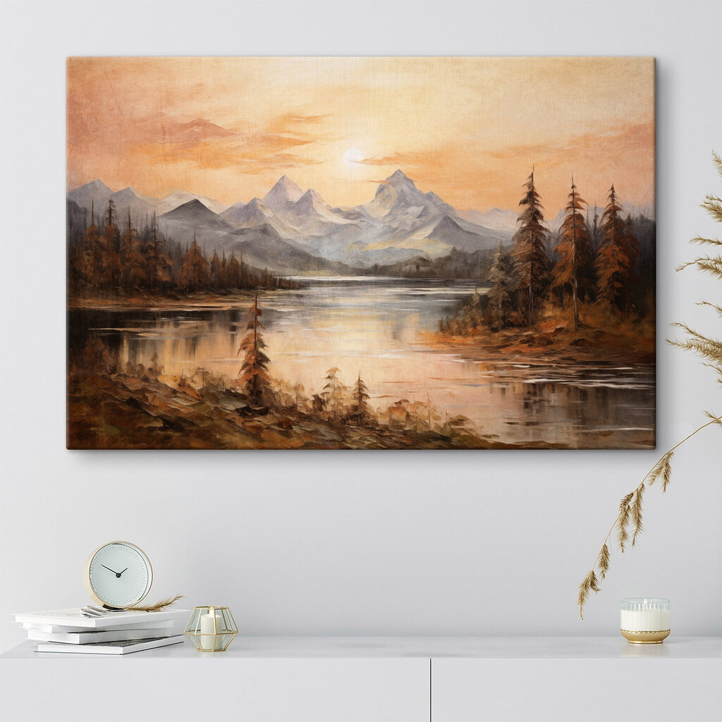 Painting of a lake with mountains in the background