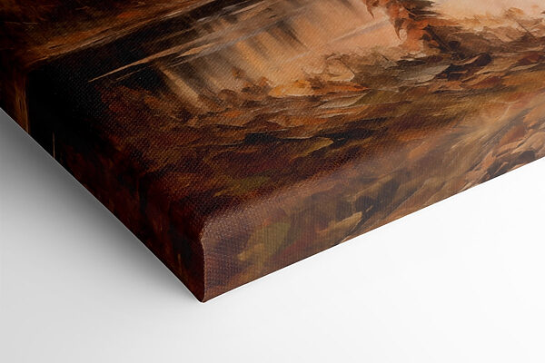 Painting of a lake with mountains in the background
