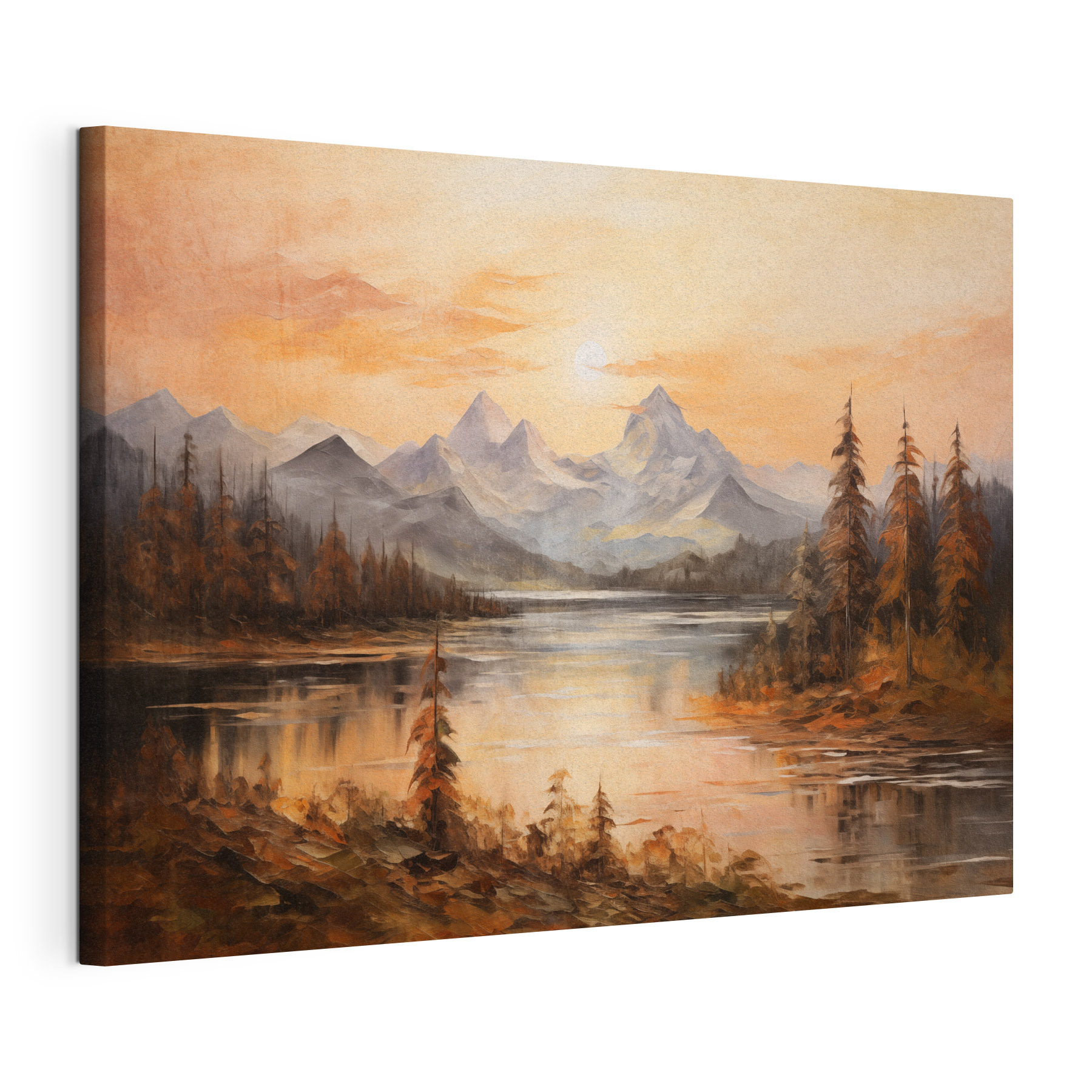 Painting of a lake with mountains in the background