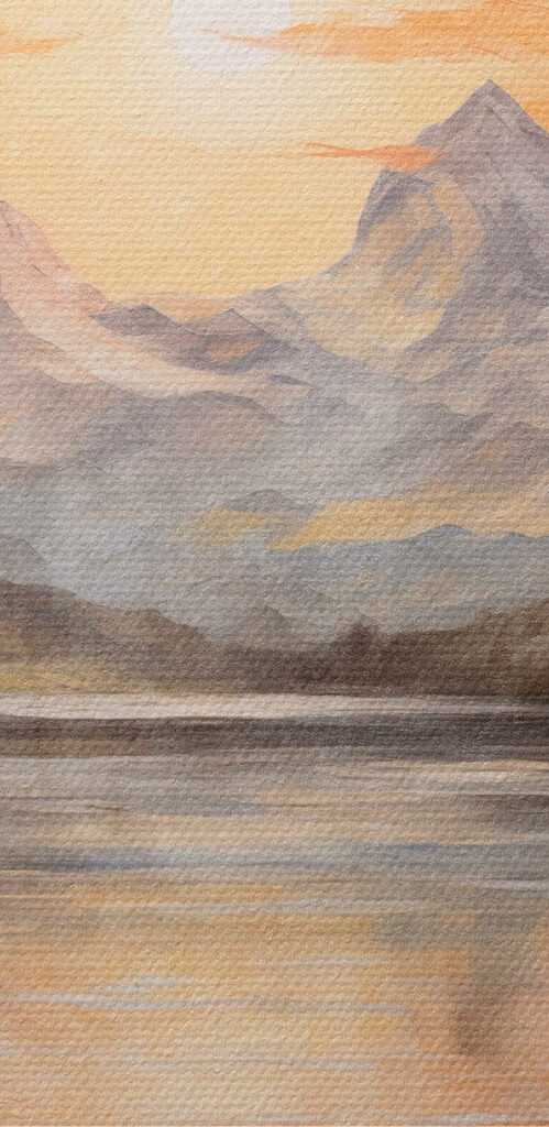 Painting of a lake with mountains in the background