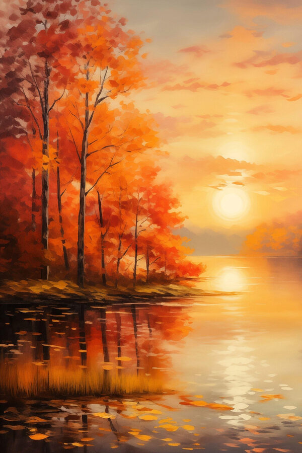 Painting of a lake with trees and orange leaves