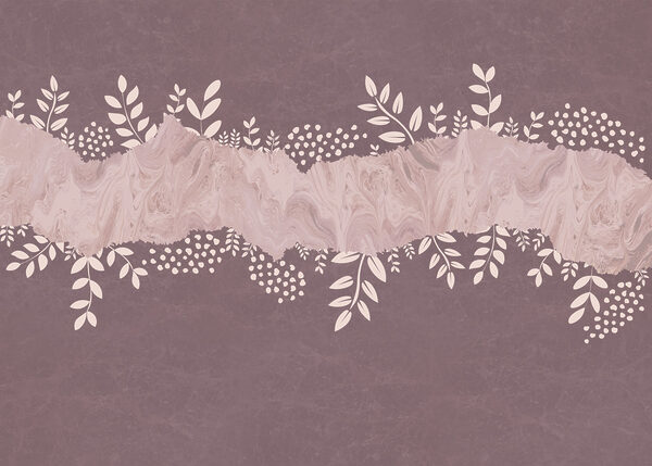 Purple and white background with leaves and flowers