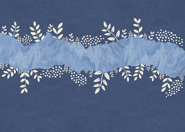Blue and white background with white leaves and dots