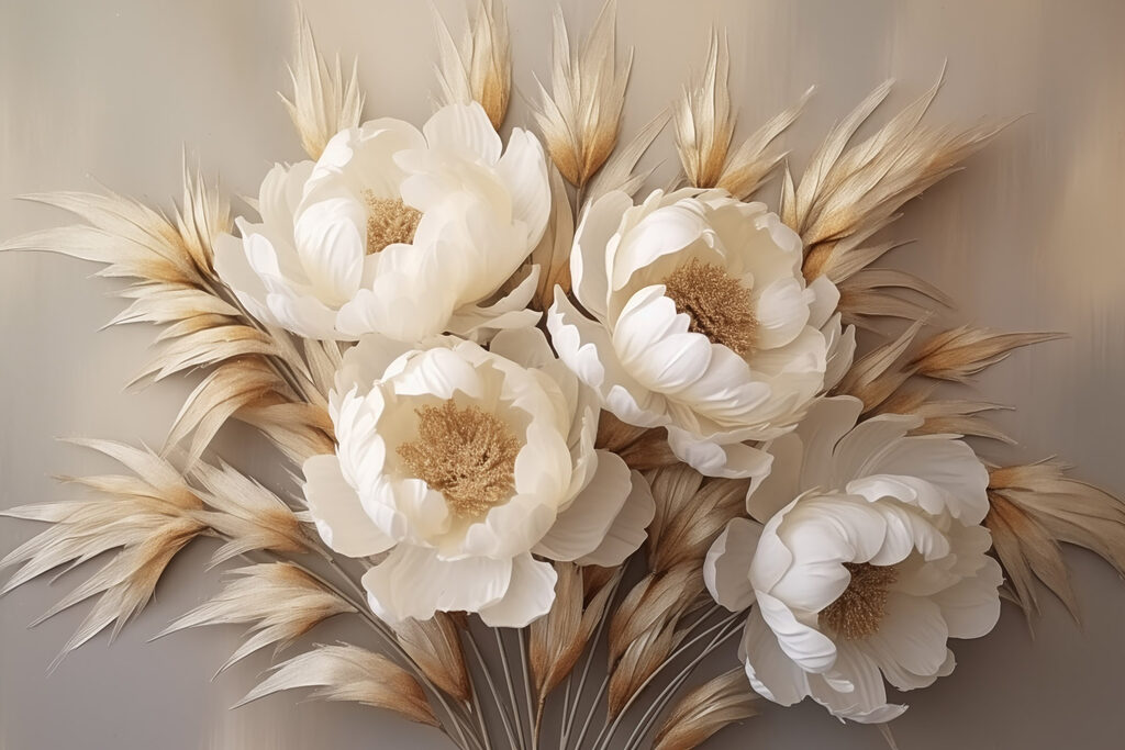 Group of white flowers and brown leaves