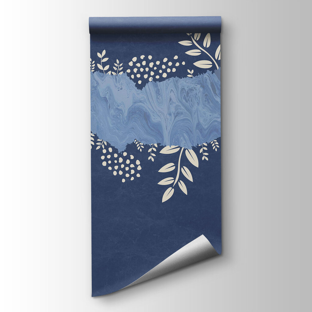 Blue and white background with white leaves and dots
