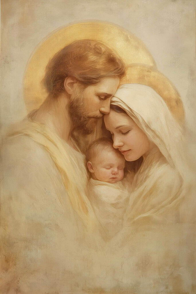 Painting of a family holding a baby