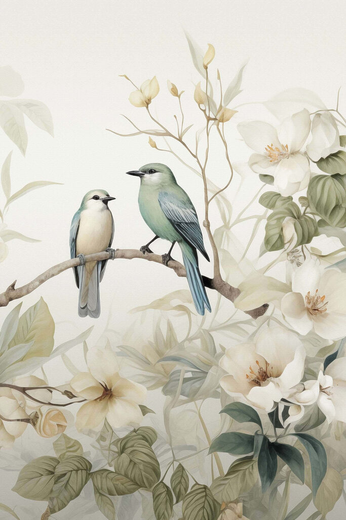 Two birds on a branch with flowers Two birds on a branch with flowers