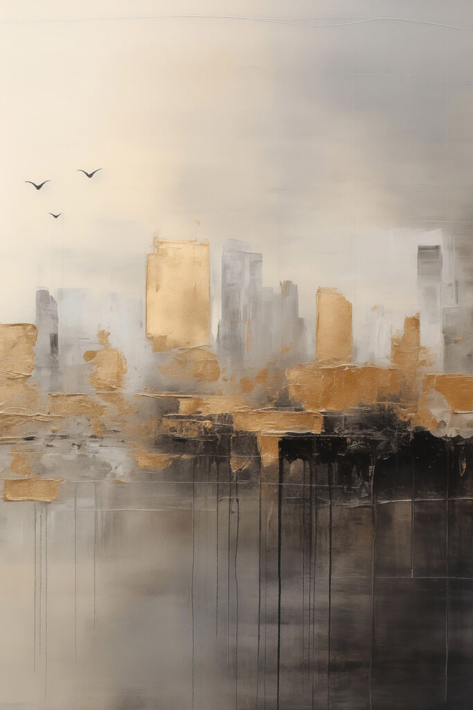 Painting of a city with birds flying in the sky