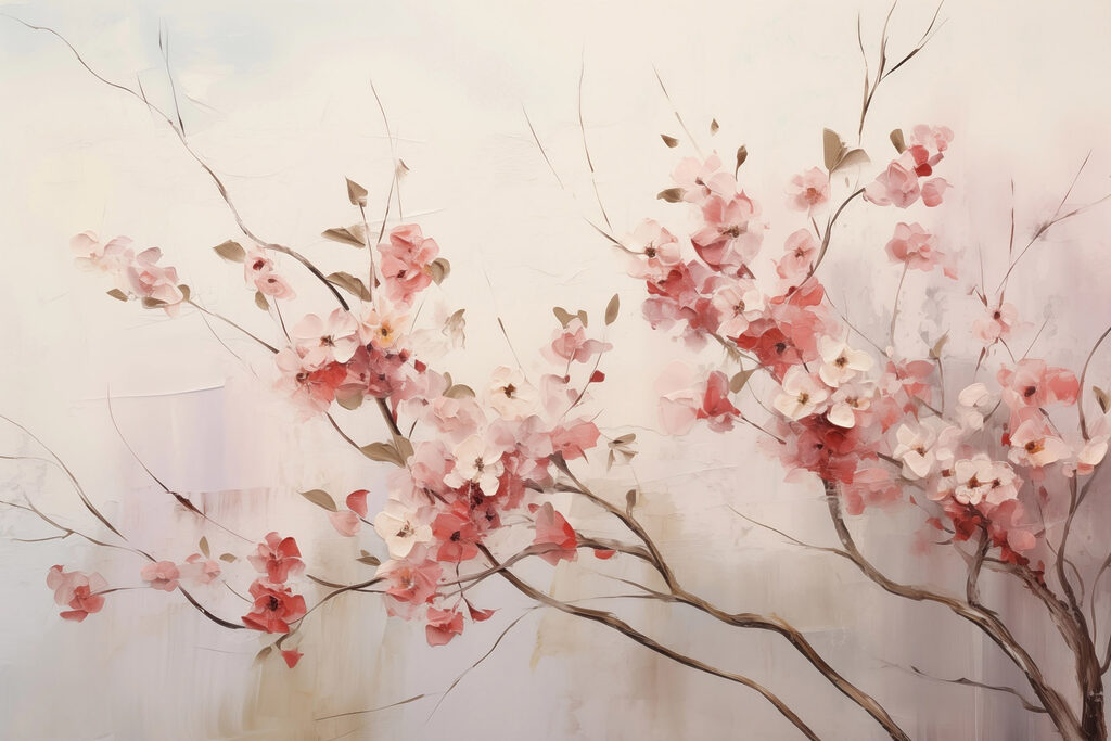 Painting of pink flowers on a branch