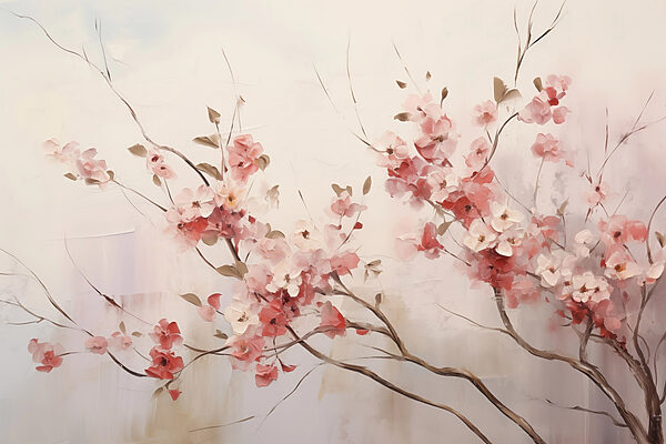 Painting of pink flowers on a branch