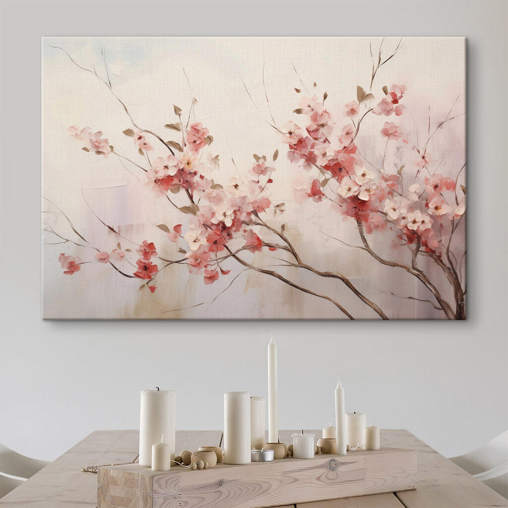 Painting of pink flowers on a branch