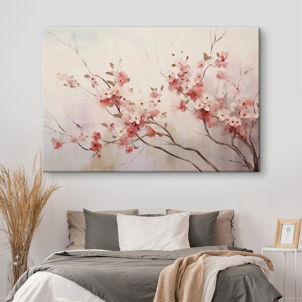 Painting of pink flowers on a branch