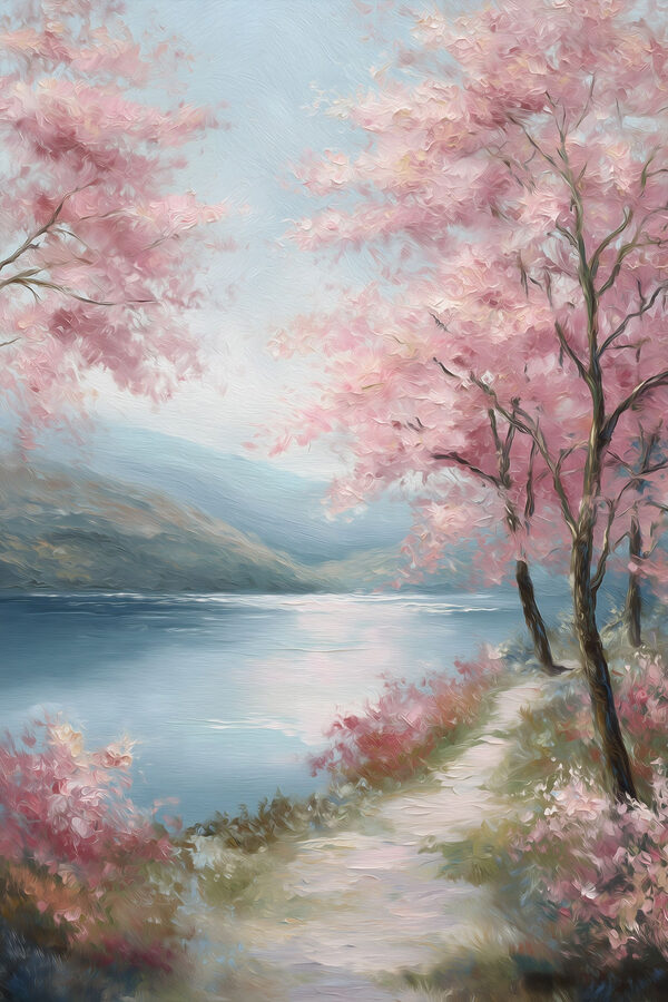 Painting of a lake with pink trees and mountains