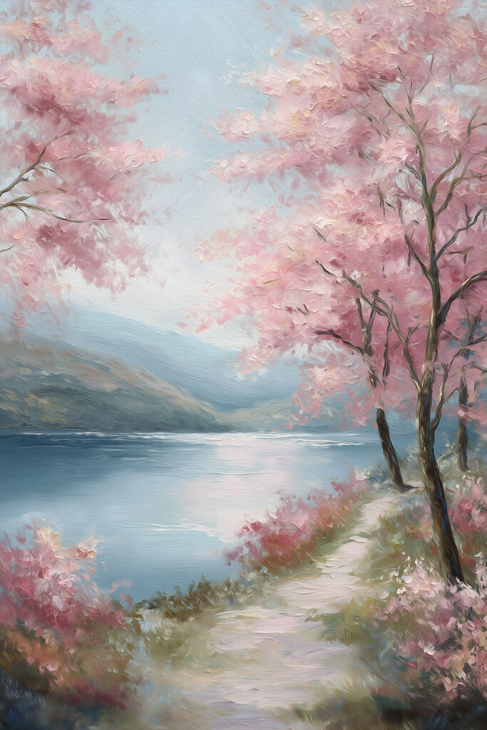 Painting of a lake with pink trees and mountains
