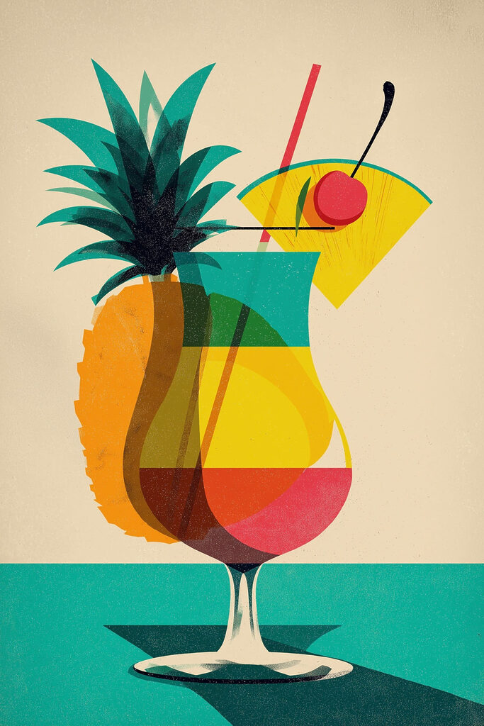 Colorful cocktail with a pineapple and a straw