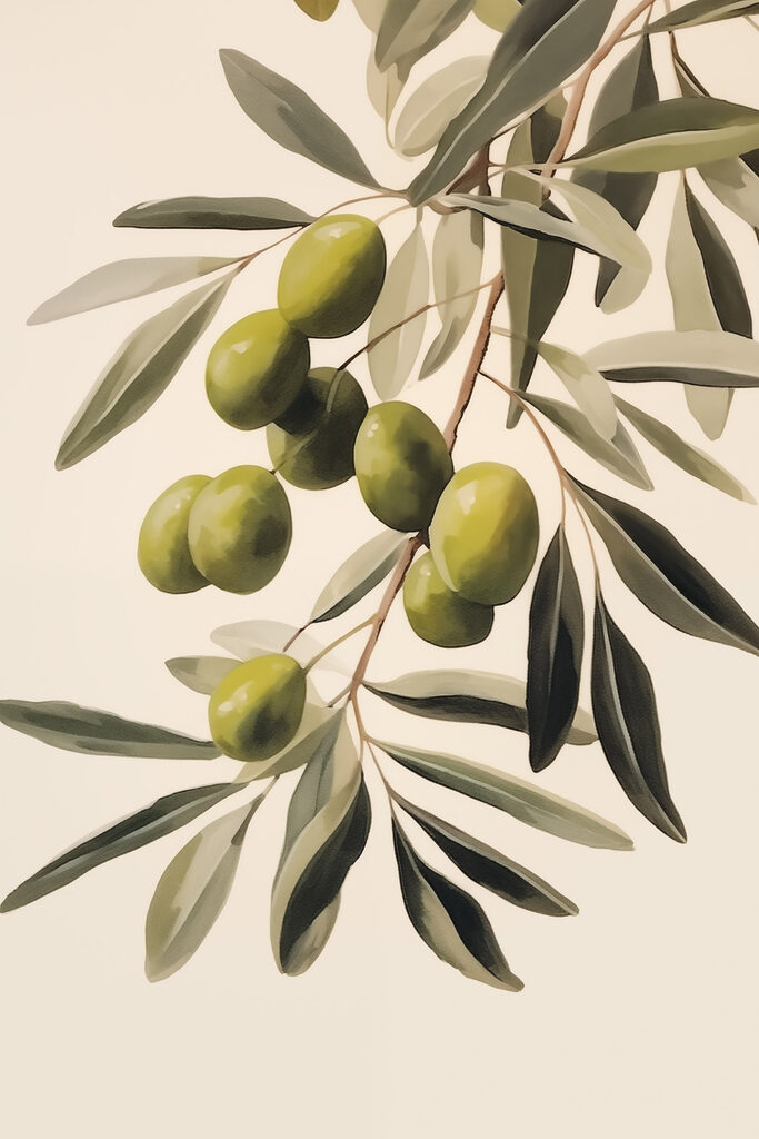 Painting of green olives on a branch Painting of green olives on a branch