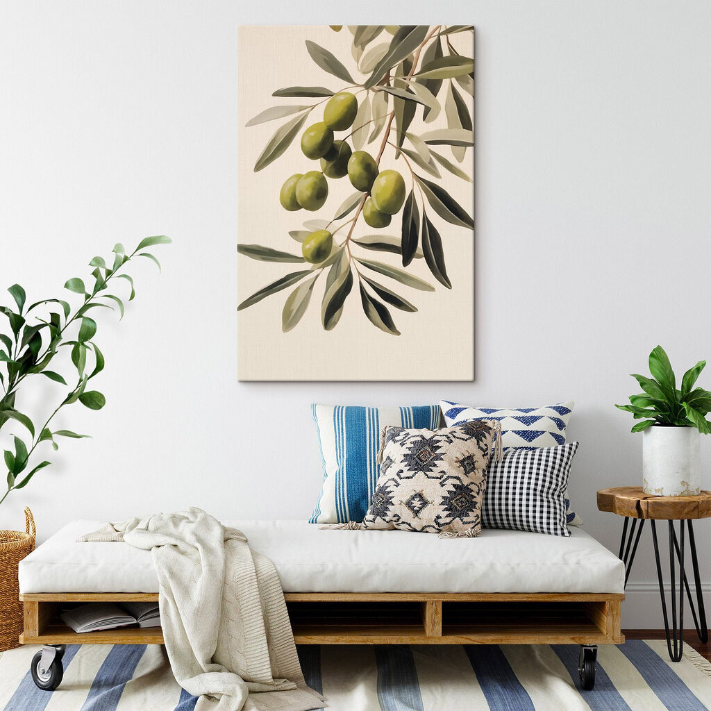 Painting of green olives on a branch Painting of green olives on a branch