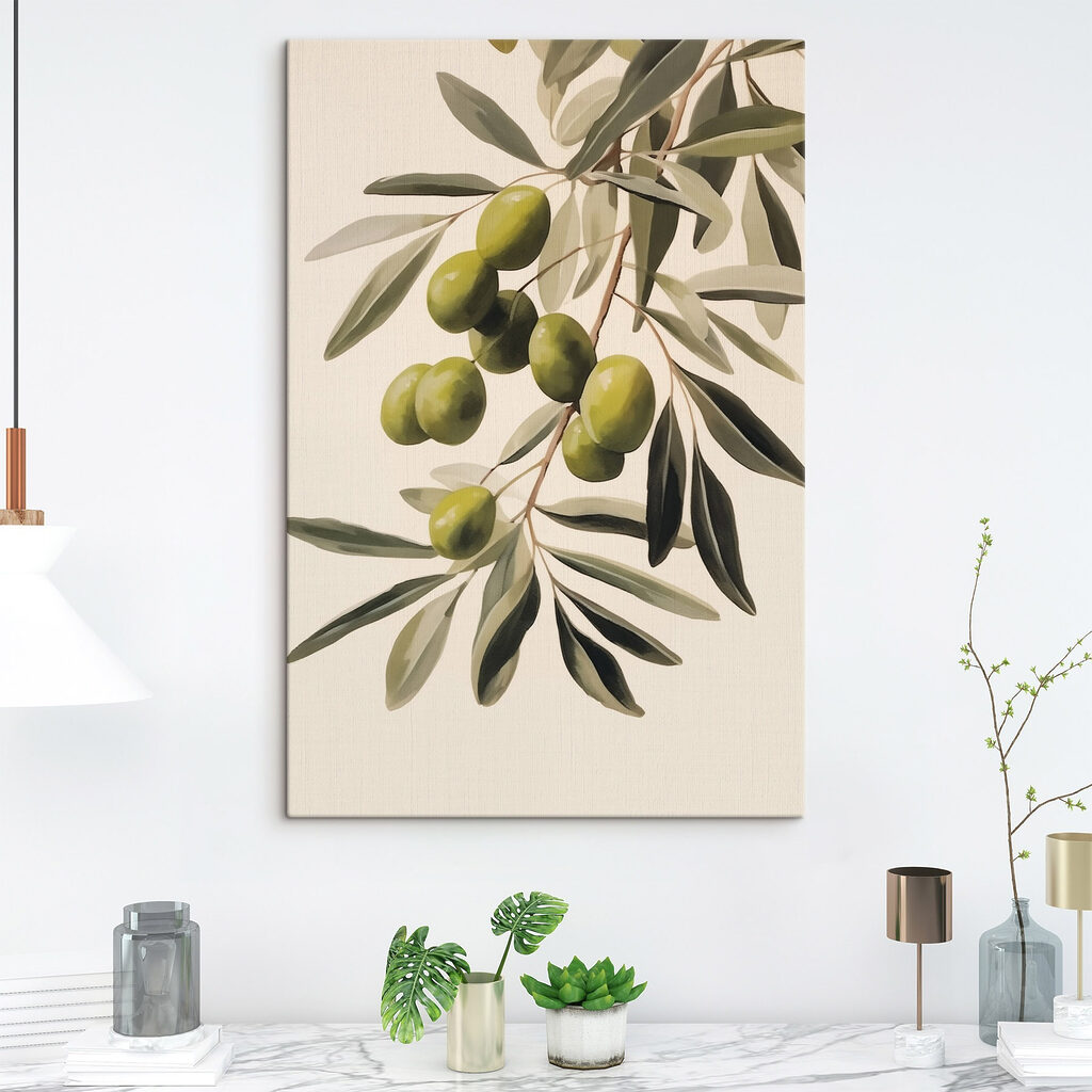 Painting of green olives on a branch Painting of green olives on a branch