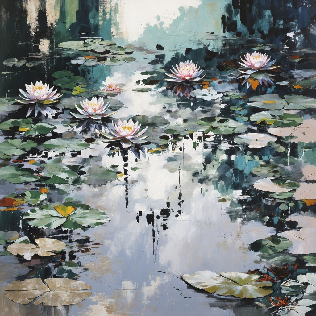 Painting of lily pads and flowers