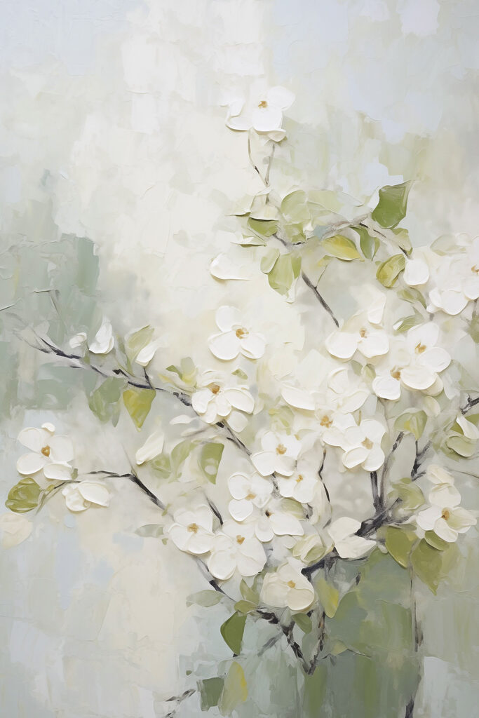Painting of white flowers on a branch