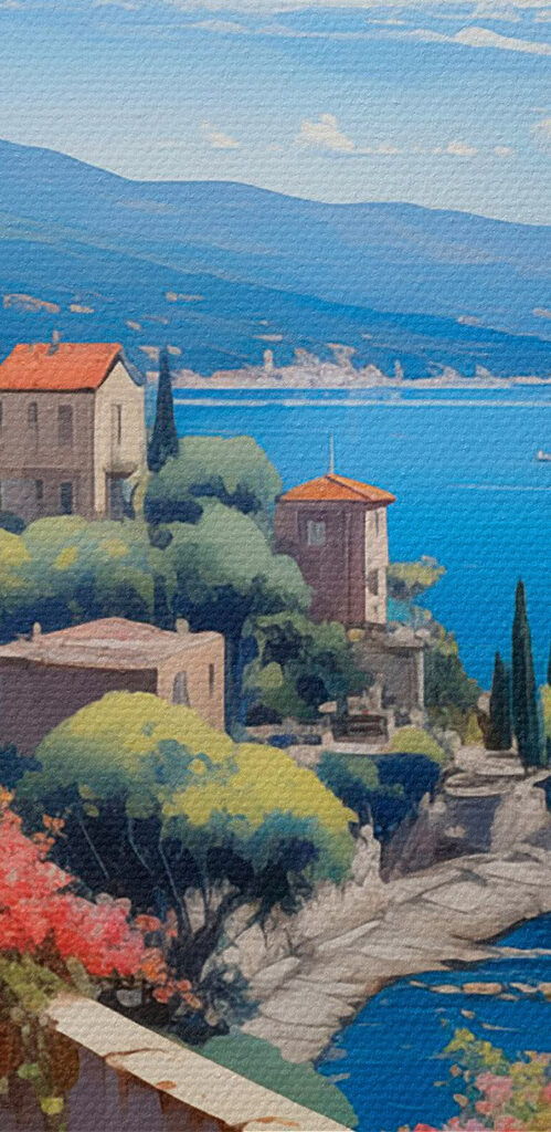 View of a town and the ocean from a balcony View of a town and the ocean from a balcony