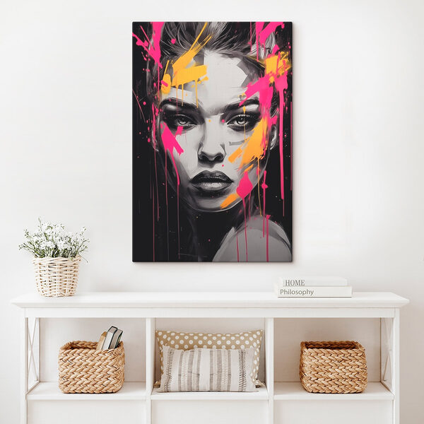 Painting of a woman with pink and yellow paint on her face