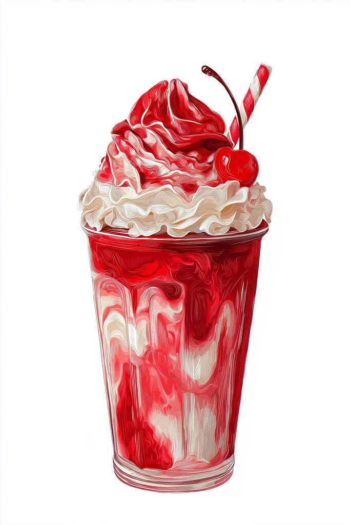 Red and white milkshake with a straw