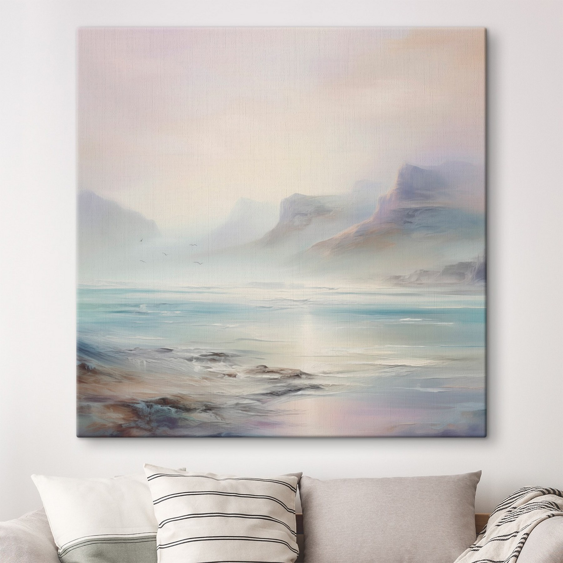 Painting of a landscape with mountains and water