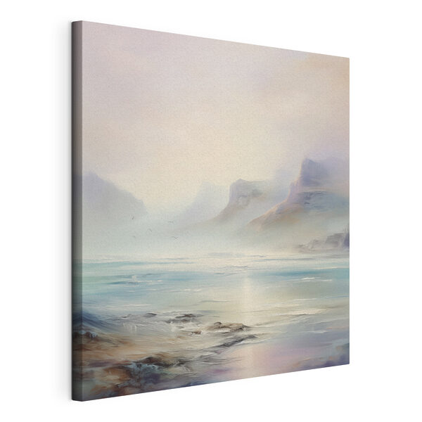 Painting of a landscape with mountains and water