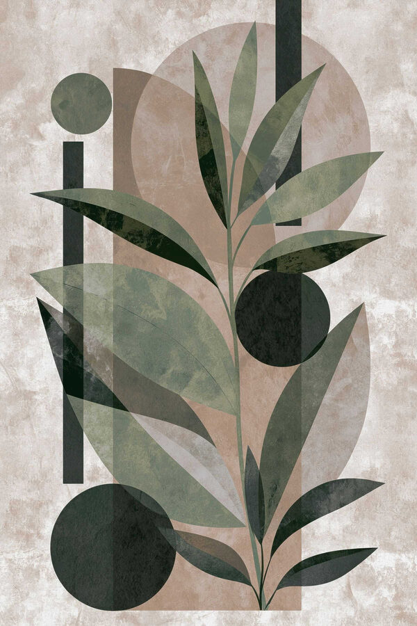 Painting of a plant with leaves and geometric shapes
