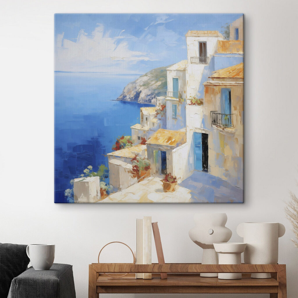 Painting of a white building with a blue sky and water