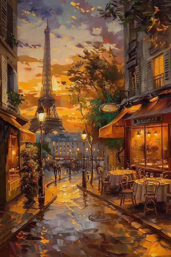 Street with tables and chairs in front of a tower