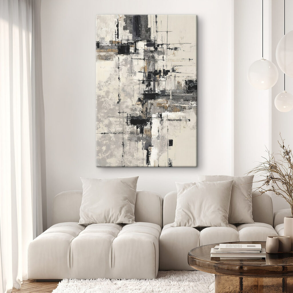 Painting of a white wall with black and white squares