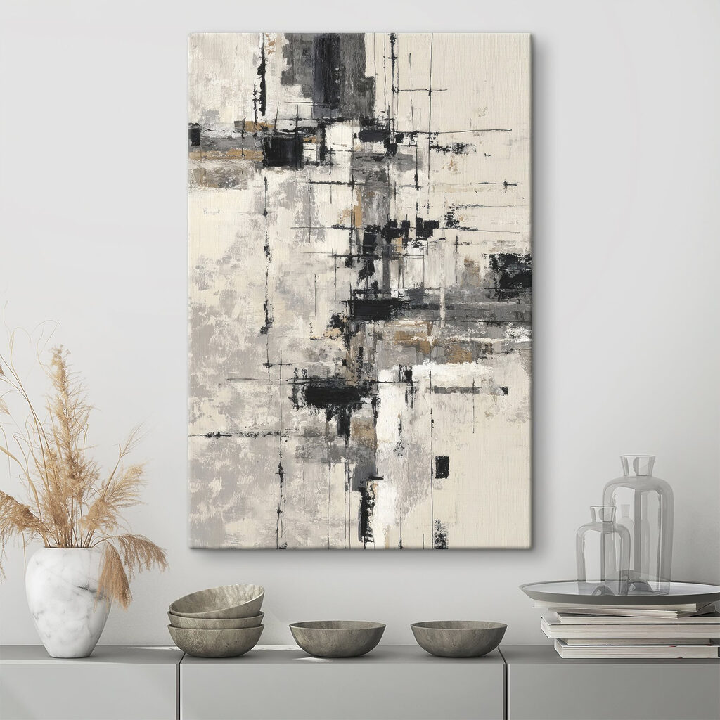 Painting of a white wall with black and white squares
