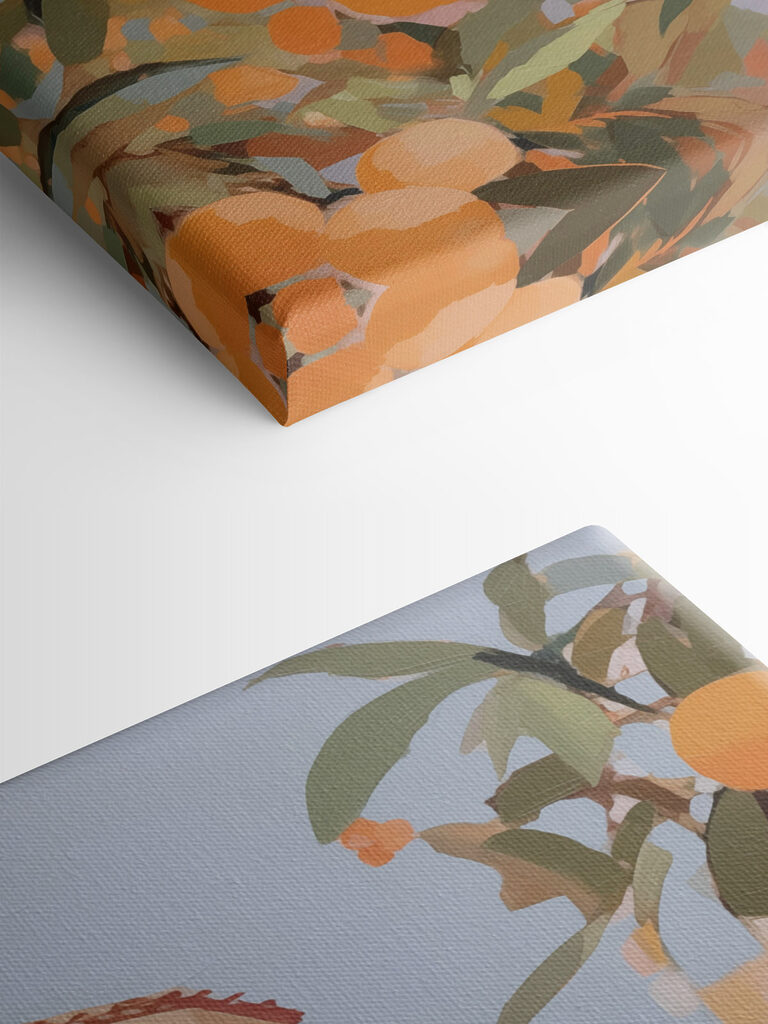 Oranges growing on a tree with buildings in the background Oranges growing on a tree with buildings in the background